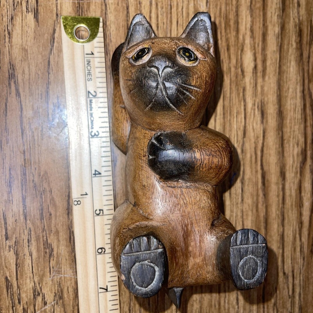 Vintage HandCarved Wood Cat Shelf Sitter Whimsical Reclining Siamese Folk Art